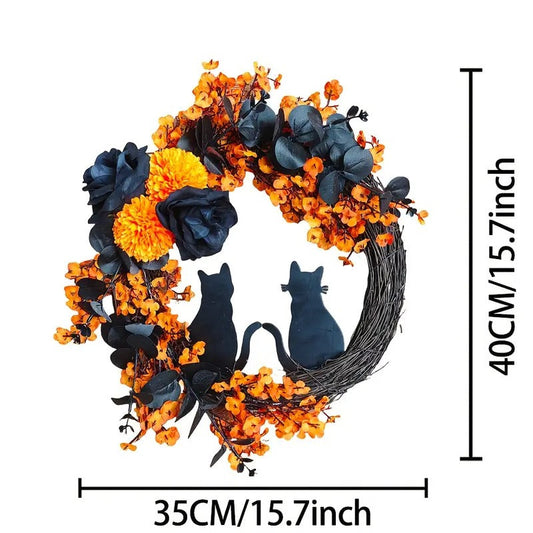 Halloween Moon Wreath Black Cat Door Decoration
